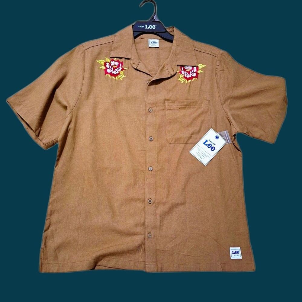 Kacey Lee Men's Button Up Woven Shirt Short Sleeves Cotton Blend Vacation Sz XL